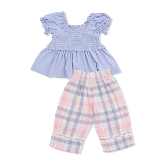 Dusty Plaid Smocked Blouse and Pant Set