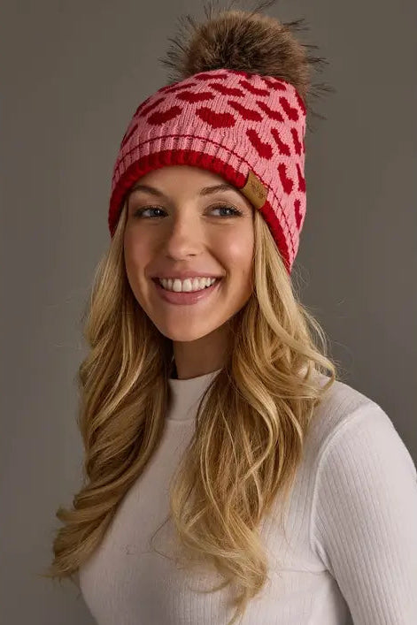 Heart Patterned Pom Hat