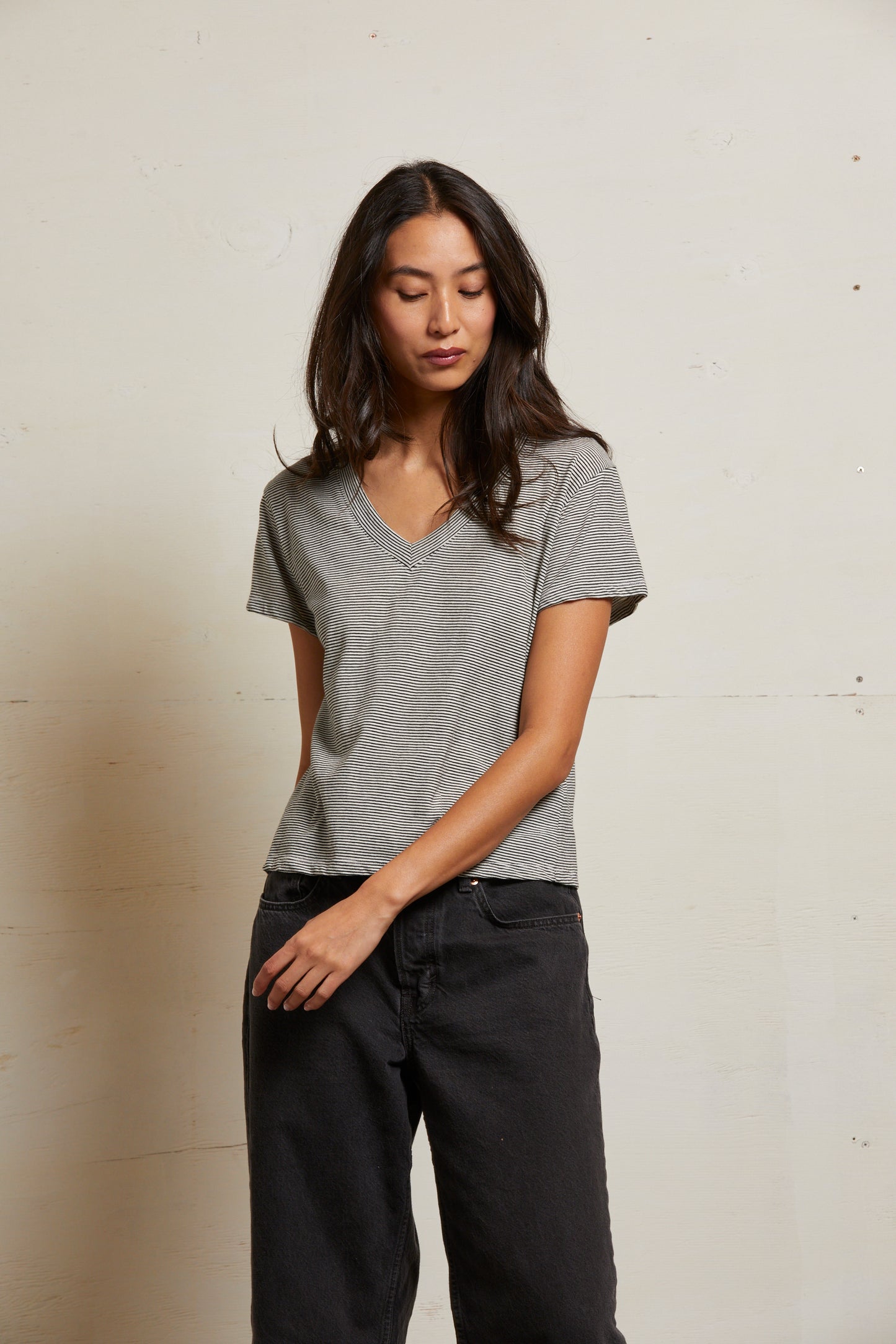 PERFECT WHITE TEE - Ivory/Black Striped Cotton Boxy Tee