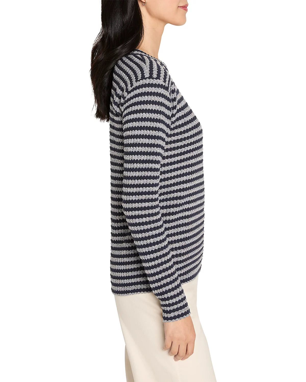 NIC + ZOE - Texture Stripe Button Shoulder Top / Indigo Multi