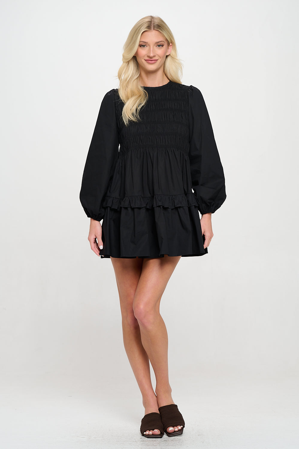 MEET ME IN SANTORINI - Black Poplin Long Sleeve Smock Dress