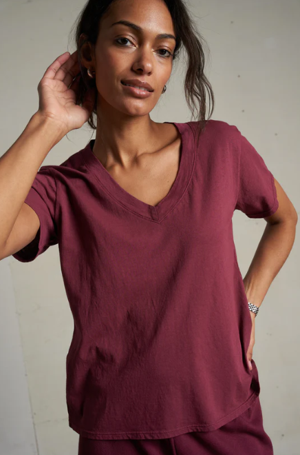PERFECT WHITE TEE - Hendrix Cotton Boxy V Neck/ Burgandy
