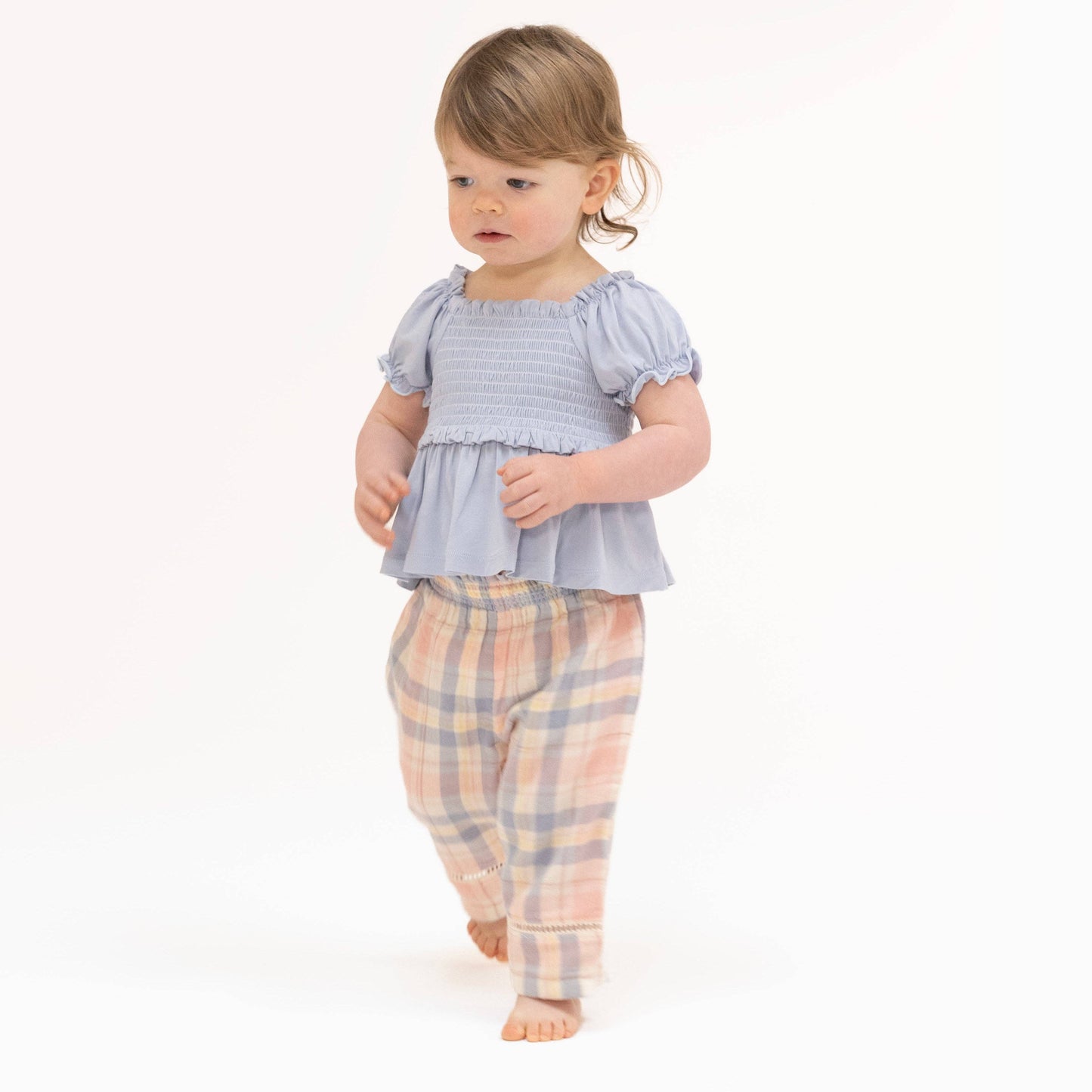 Dusty Plaid Smocked Blouse and Pant Set