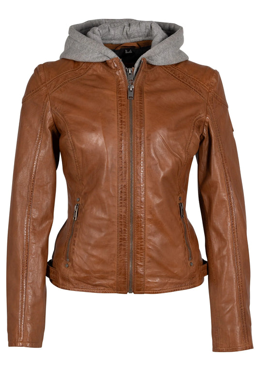 MAURITIUS - Alice Cognac Leather Jacket with Removable Hoodie