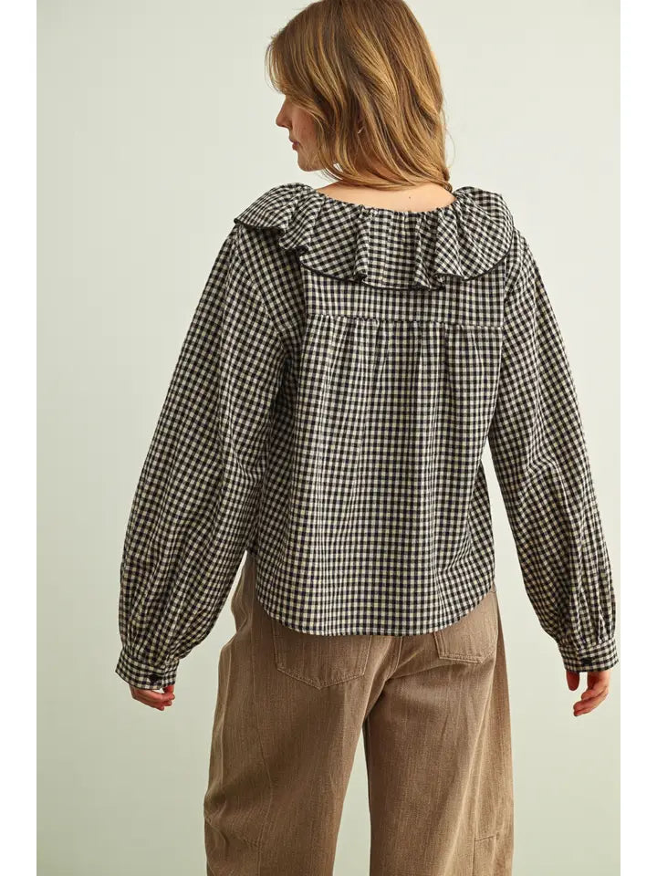 Gingham Ruffled Collared Blouse