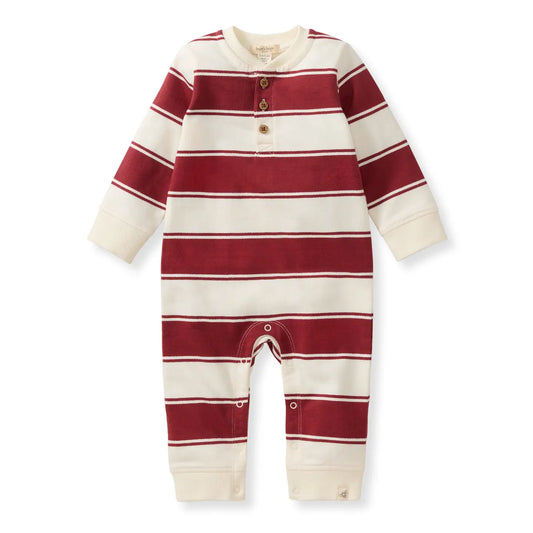 BURTS BEES - Rugby Stripe Baby Boy Jumpsuit/Brick Red