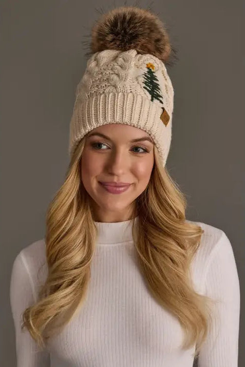 Embroidered Tree Knit Pom Hat
