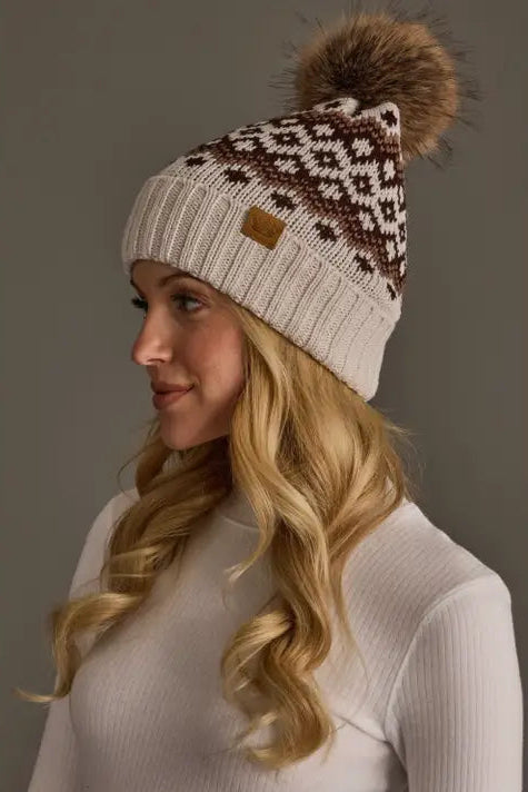Mocha Patterned Pom Hat