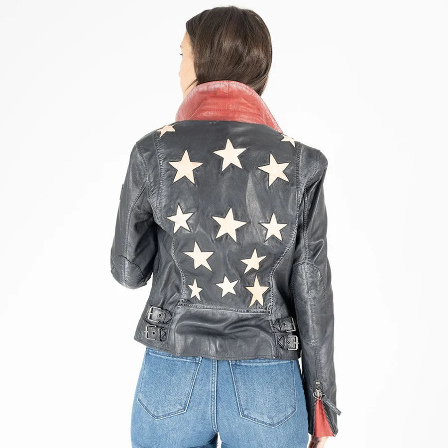MAURITIUS - Navy Star Detailed Leather Jacket
