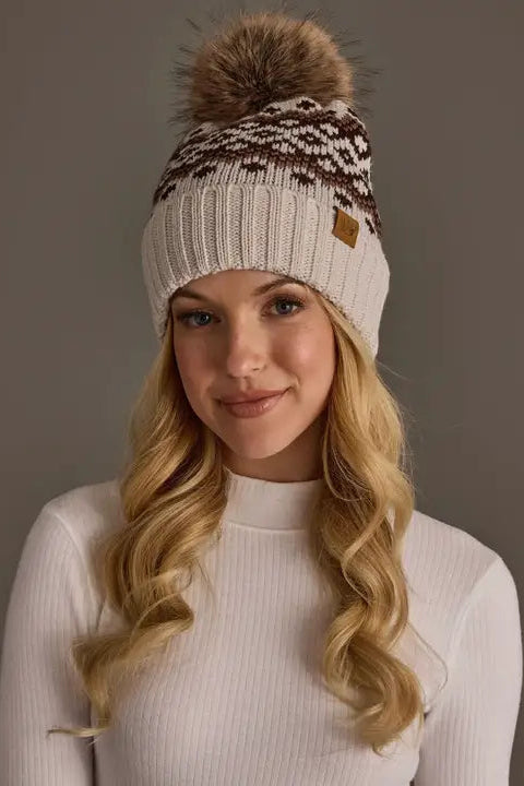 Mocha Patterned Pom Hat