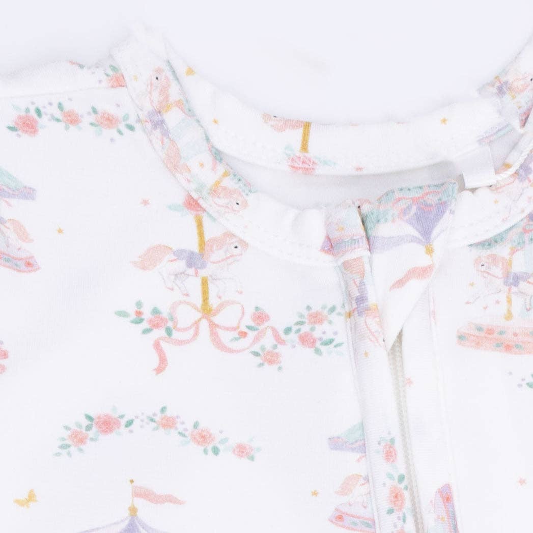 Carousel with Bows 2 Way Ruffle Back Zipper Footie