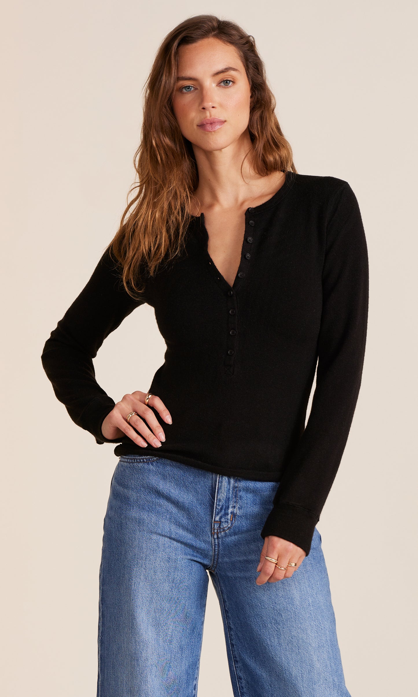BOBI - Black Long Sleeve Slim Button Placket Tee