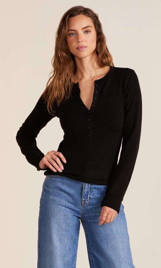 BOBI - Black Long Sleeve Slim Button Placket Tee