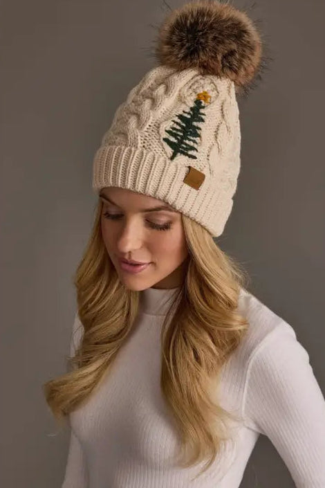 Embroidered Tree Knit Pom Hat