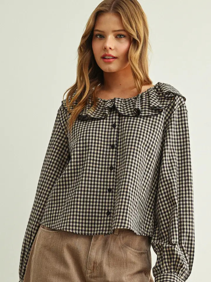 Gingham Ruffled Collared Blouse