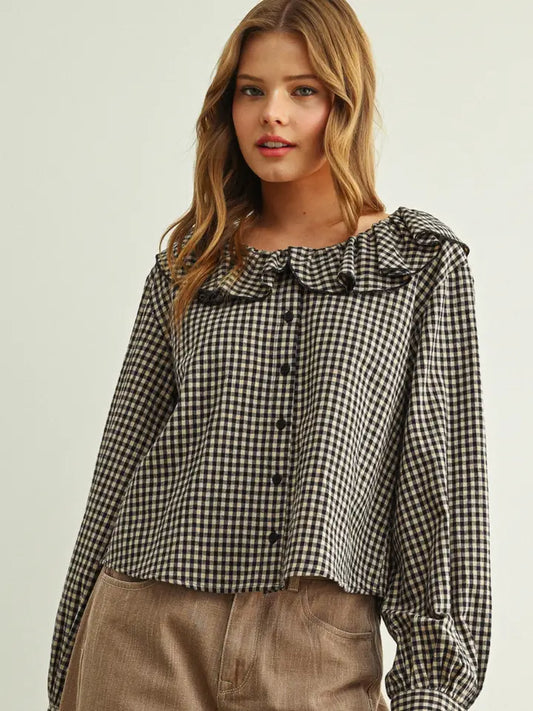 Gingham Ruffled Collared Blouse