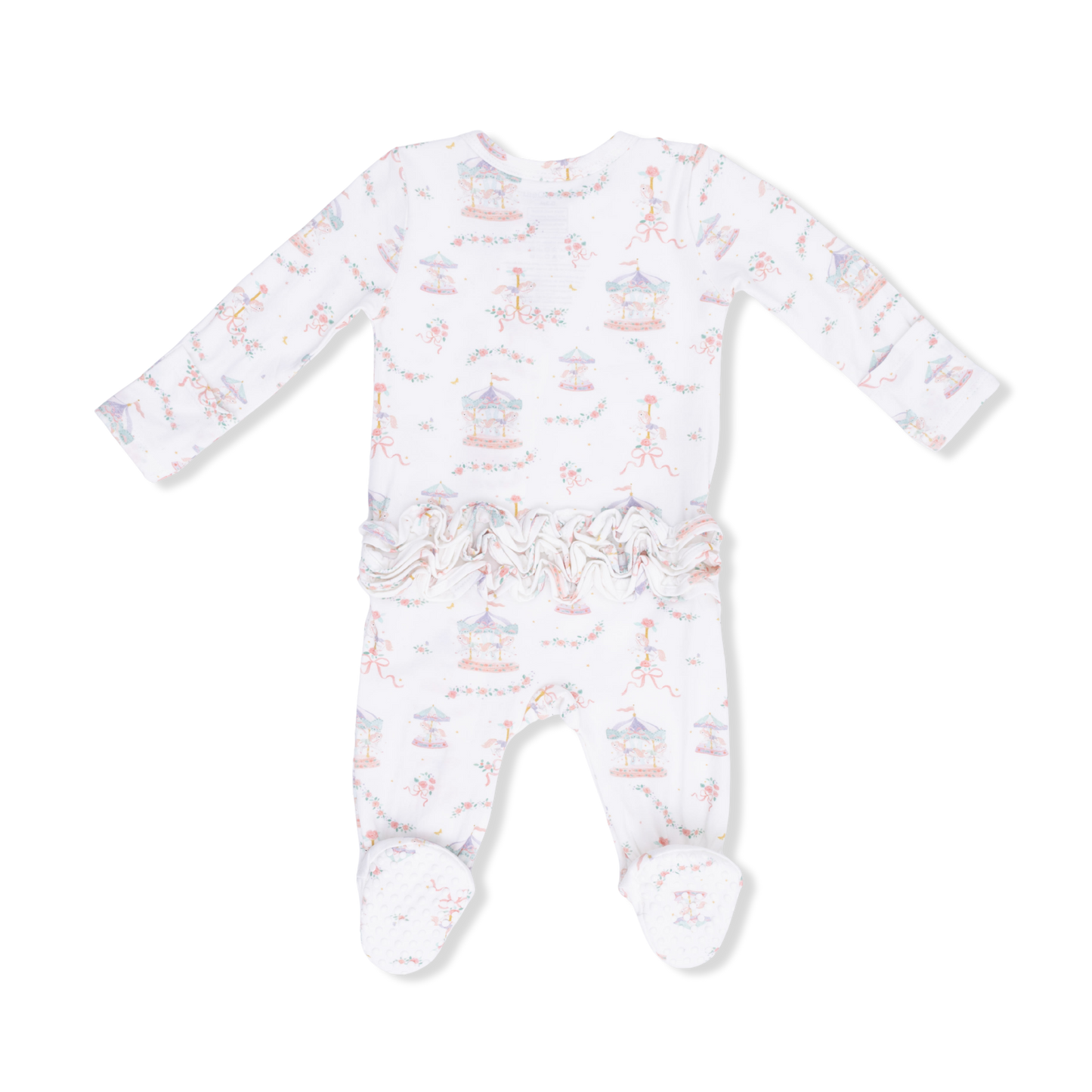Carousel with Bows 2 Way Ruffle Back Zipper Footie