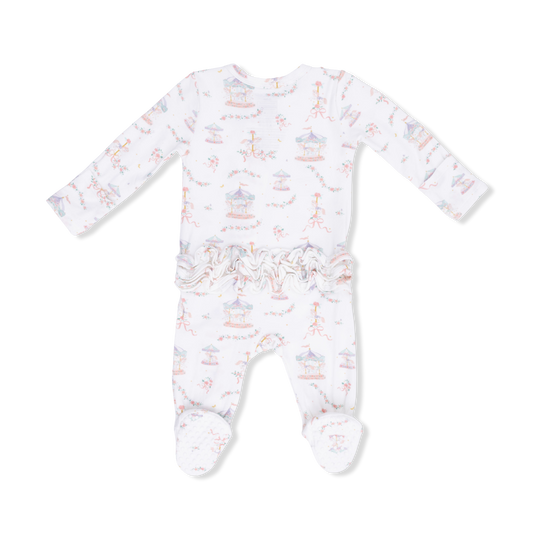 Carousel with Bows 2 Way Ruffle Back Zipper Footie
