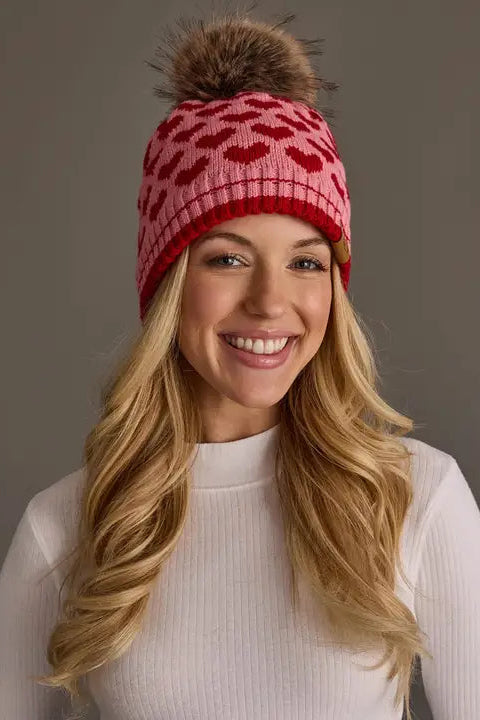 Heart Patterned Pom Hat