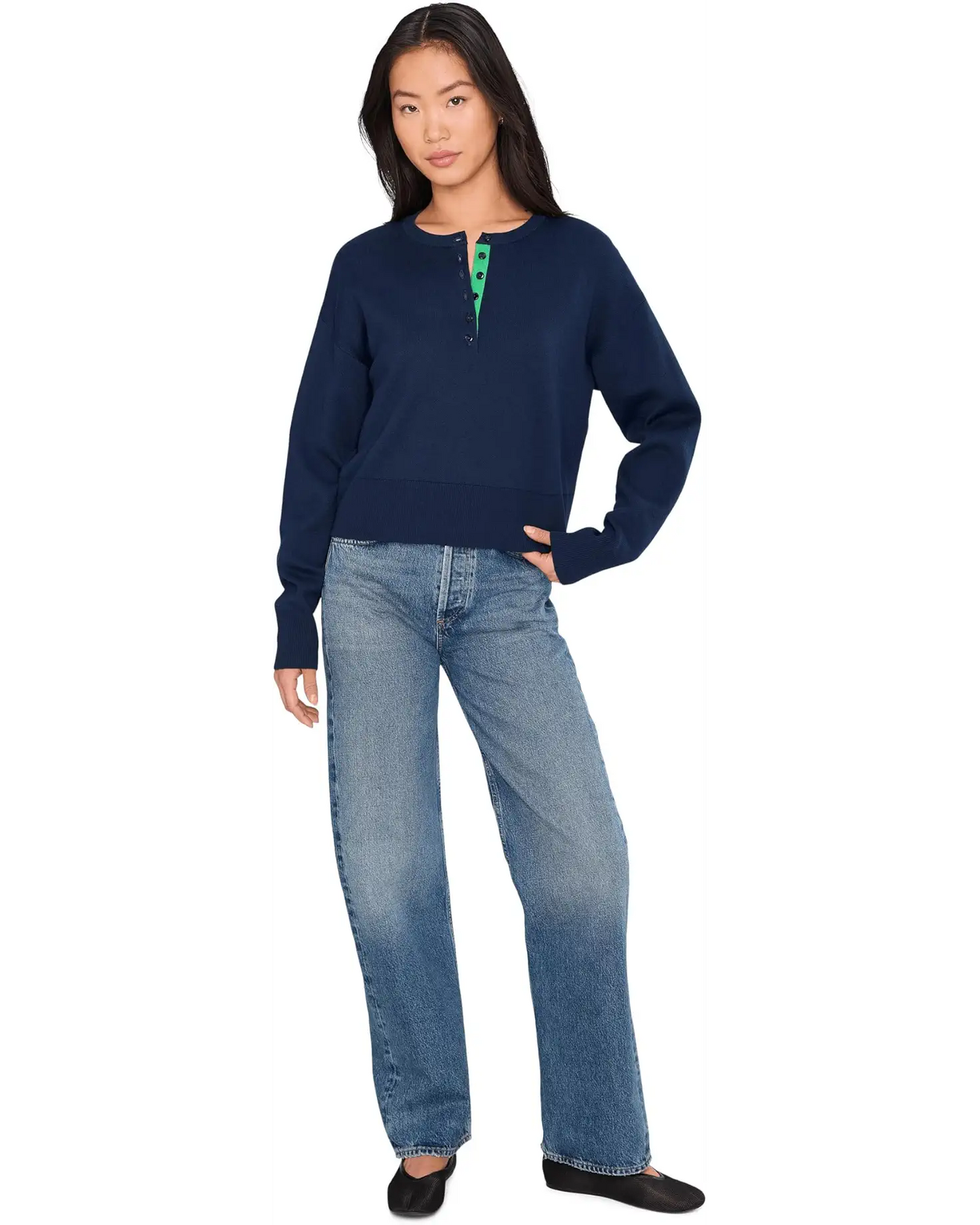 Genevieve Solid Drop Shoulder Henley/ Dark Blue