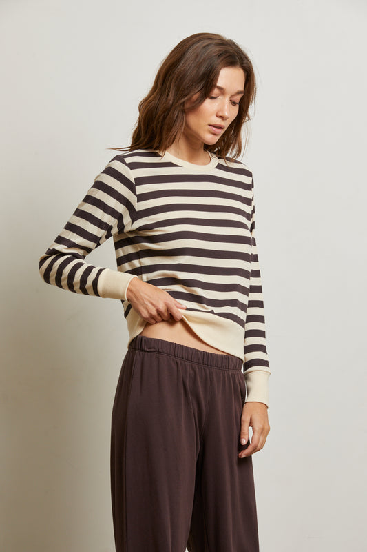 PERFECT WHITE TEE - Mocha Stripe Rib Long Sleeve