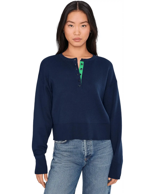 Genevieve Solid Drop Shoulder Henley/ Dark Blue