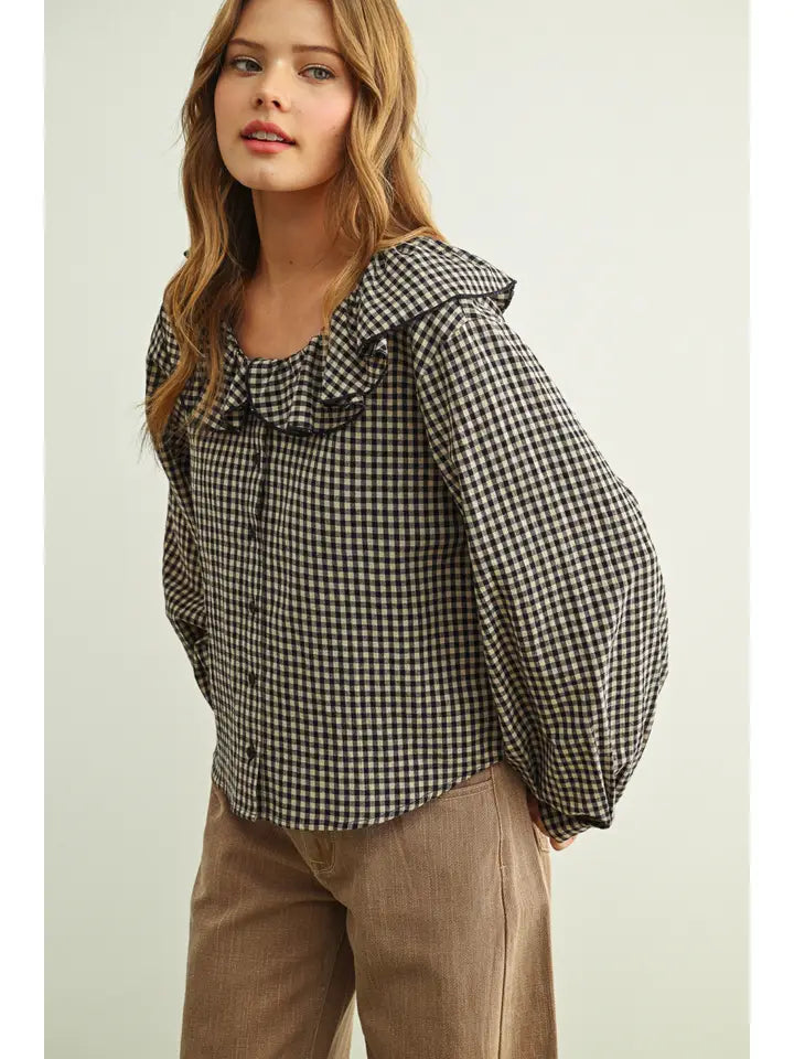 Gingham Ruffled Collared Blouse