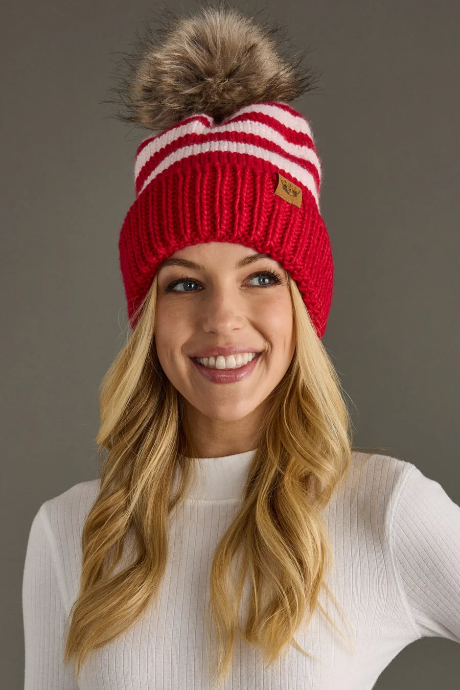 PANACHE - Striped Pom Hat / Red & Pink
