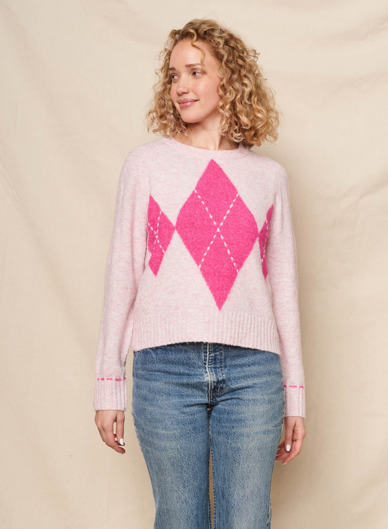 SUNDRY - Ballerina Pink Argyle Pullover Sweater