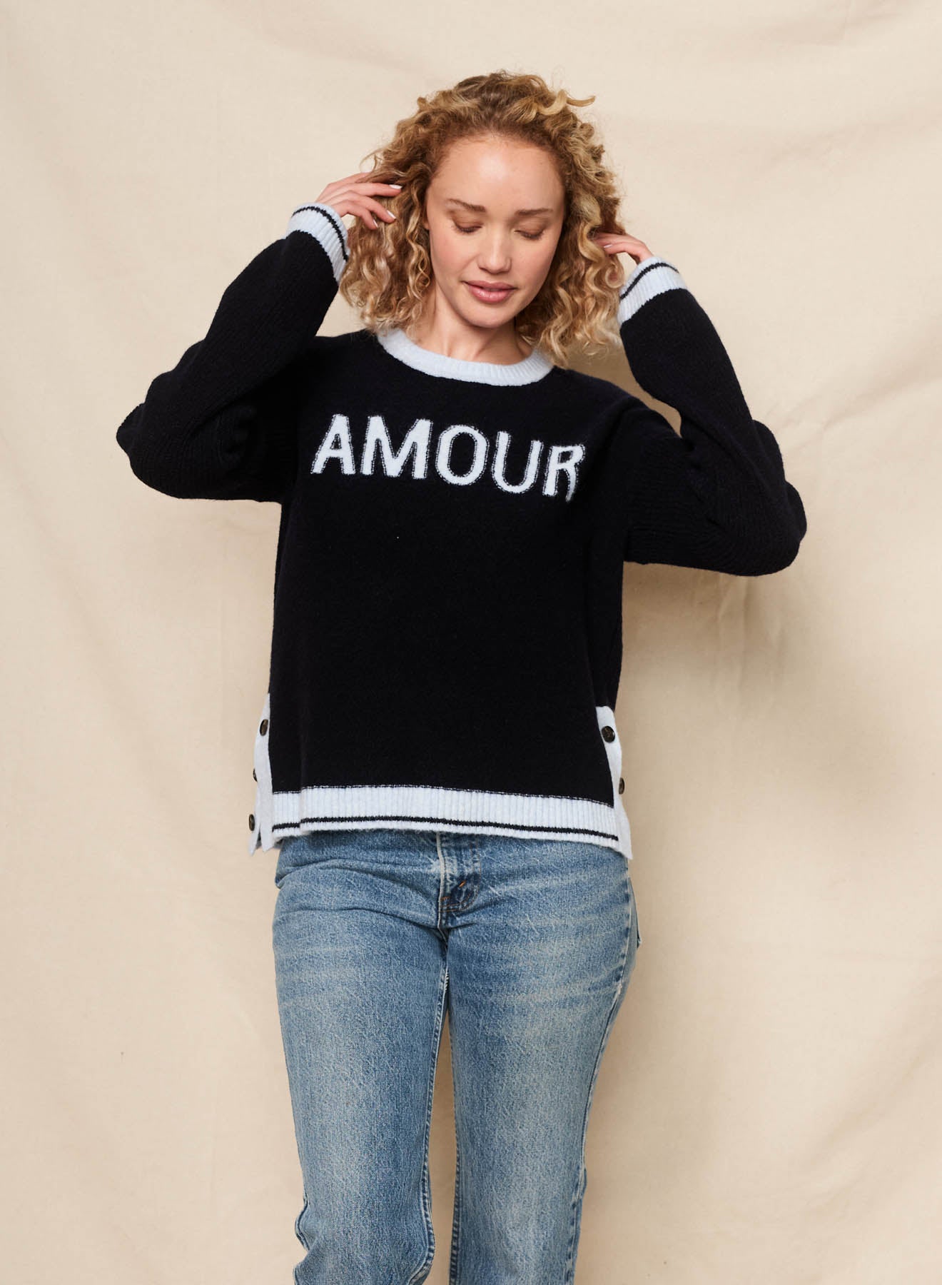 SUNDRY - "Amour" Intarsia Sweater with Button Side Slits