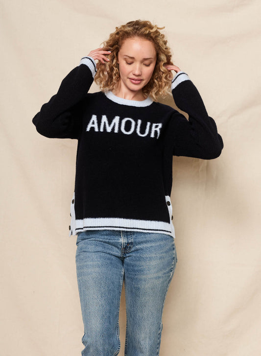 SUNDRY - "Amour" Intarsia Sweater with Button Side Slits