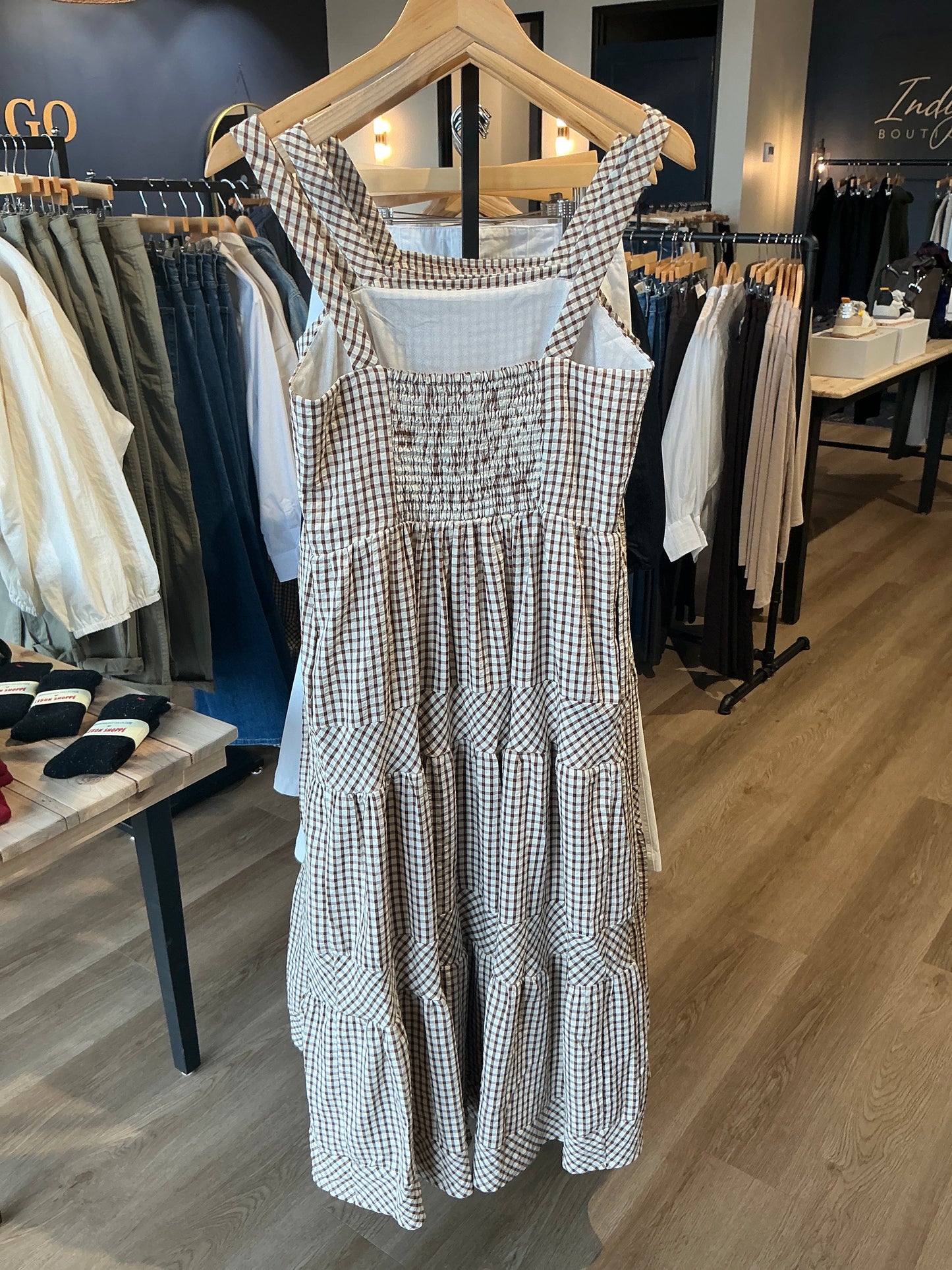 THML - Gingham Tiered Dress / Brown and White