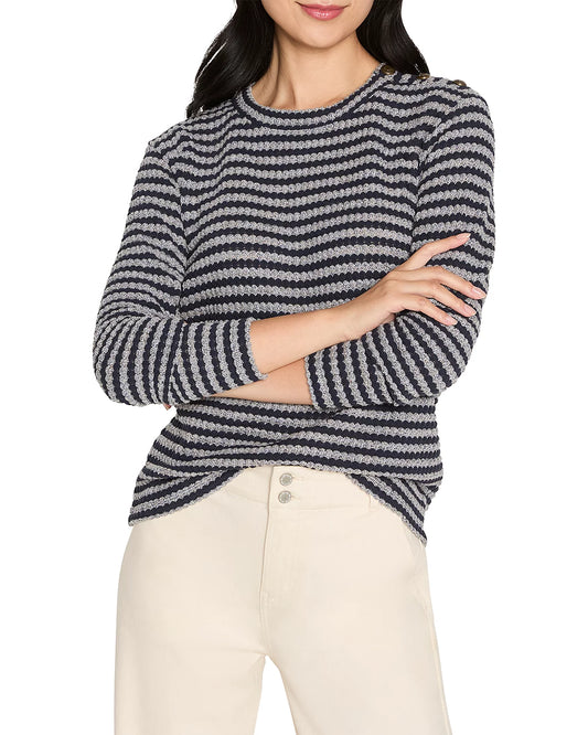 NIC + ZOE - Texture Stripe Button Shoulder Top / Indigo Multi