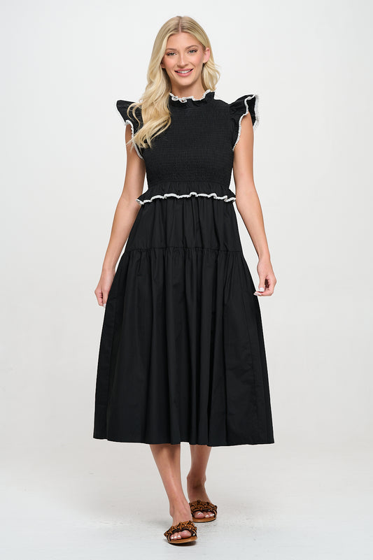 MEET ME IN SANTORINI - Black Poplin Crochet Trim Dress