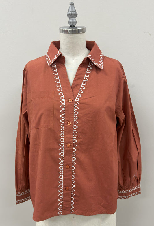 THML - Long Sleeve Embroidered Detail Button Up Top