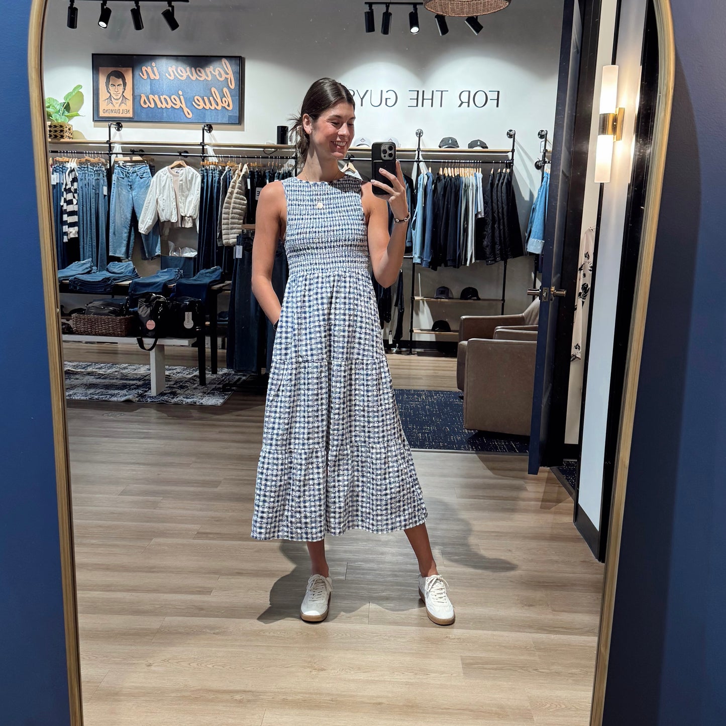 THML - Sleeveless Gingham Dress/ Blue + White