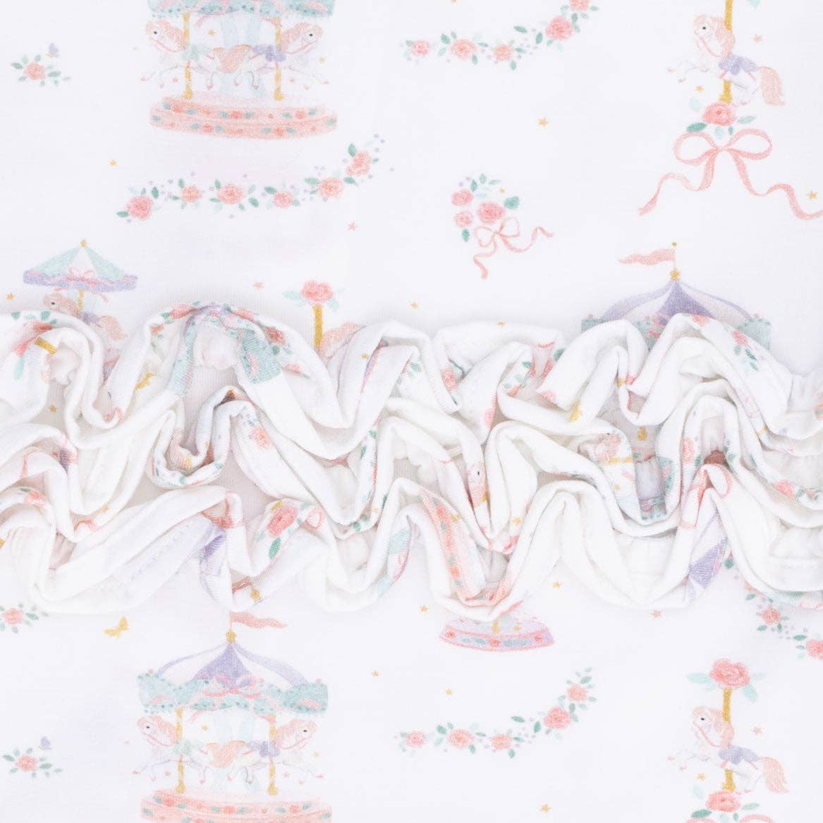 Carousel with Bows 2 Way Ruffle Back Zipper Footie