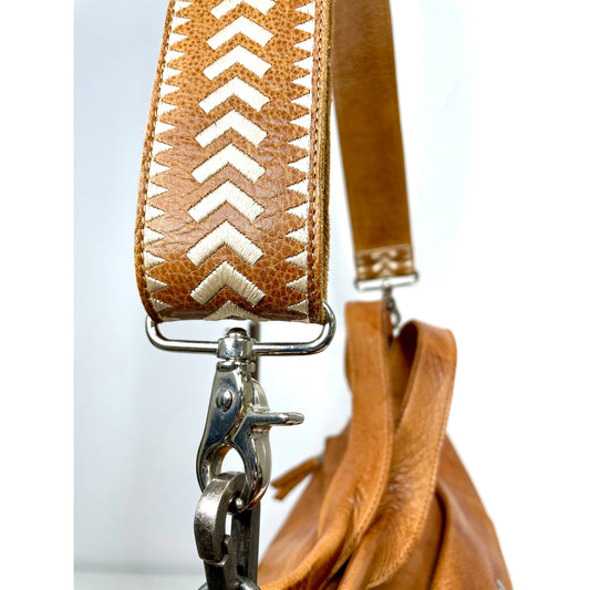 LATICO LEATHERS - Archer Handcrafted Wide Leather Embroidered Shoulder Strap/Cognac