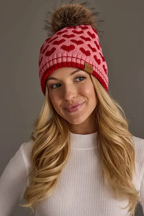 Heart Patterned Pom Hat