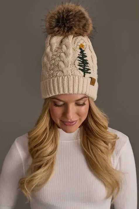 Embroidered Tree Knit Pom Hat