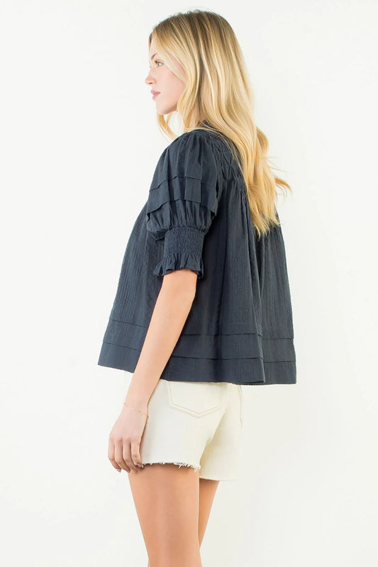 Short Sleeve Crinkle Top/Navy