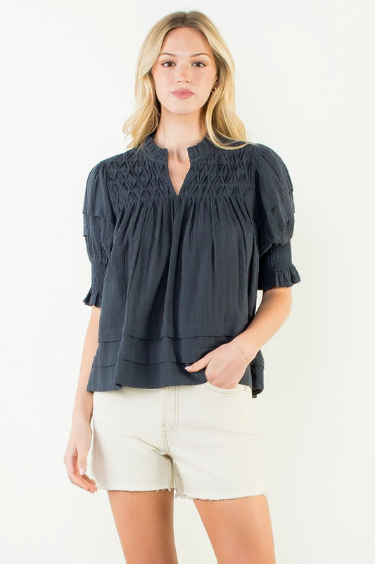 Short Sleeve Crinkle Top/Navy